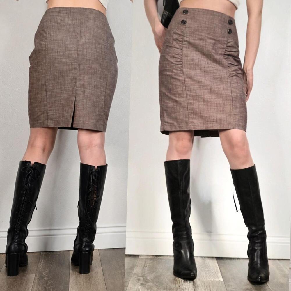 Y2K Brown Ruched Pencil Skirt High Waist Office Siren Secretary Size 7